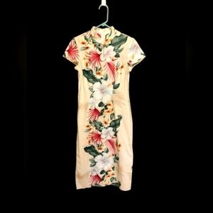 Women's Young Hawaii 100%Cotton Maxi Dress Mandarin Collar Beige Floral Size S